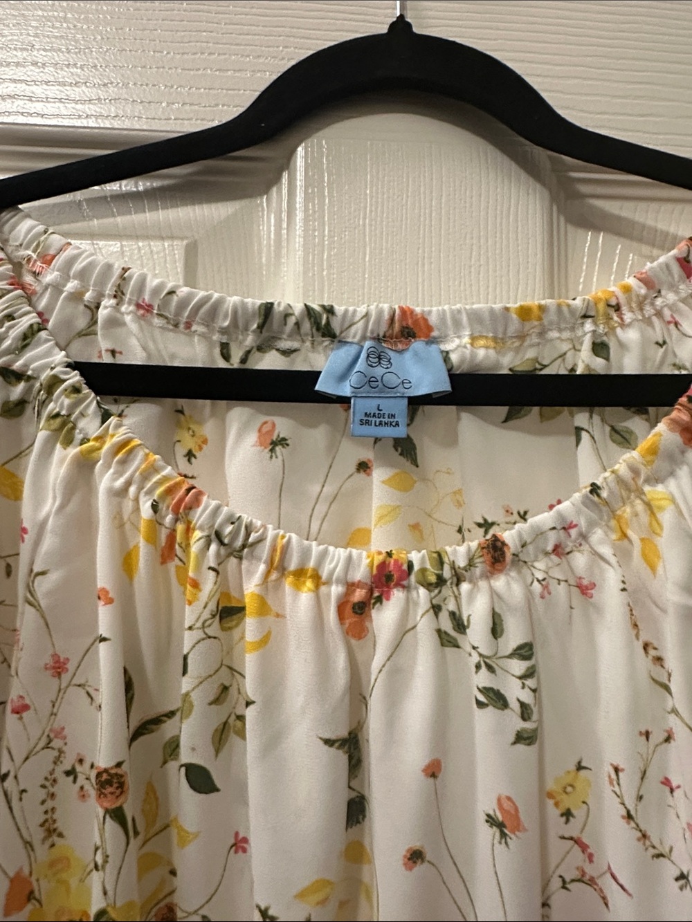 CeCe Cream Floral Elastic-Neck Blouse with Yellow & Green Accents